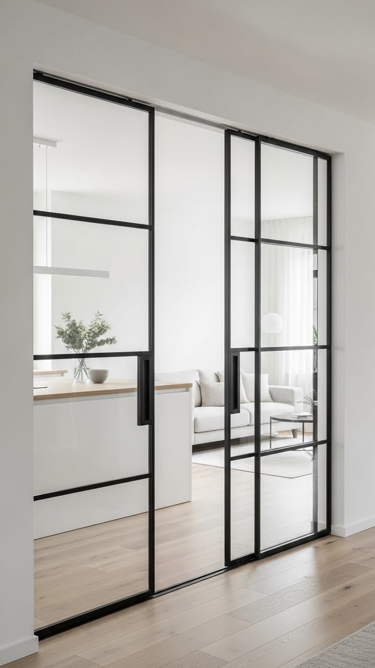 Sleek modern sliding glass partitions with black metal frames, separating a minimalist kitchen and chic living room.