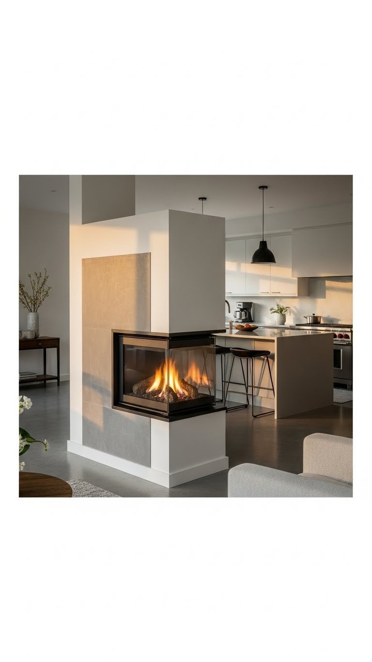 Sleek modern two-sided gas fireplace in open concept kitchen living room with polished concrete floors and warm golden hour light.