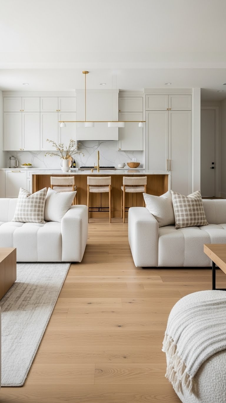 Sleek modular sofa, modern kitchen island in open concept living room. Light oak floor, warm neutral decor, seamless design.