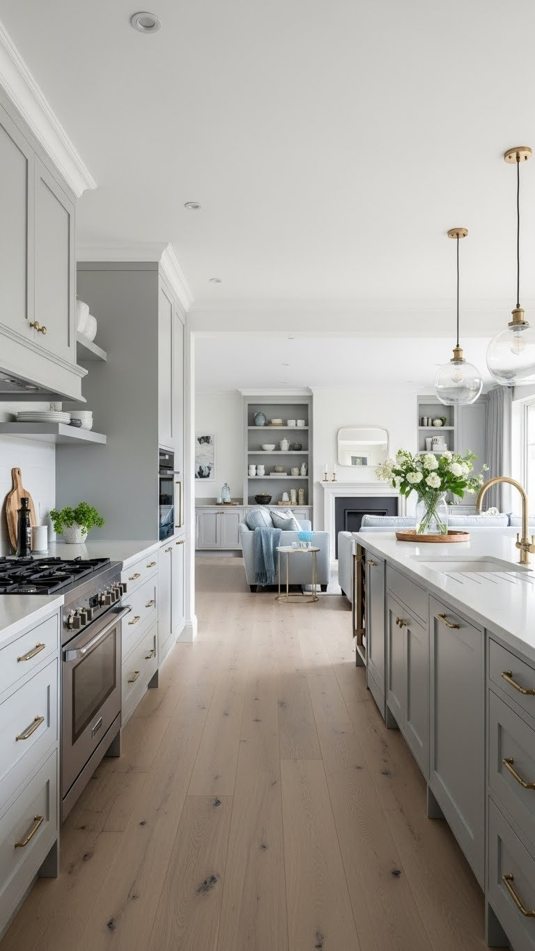 Sleek open galley kitchen with parallel cabinetry, wide walkway, leading into living room with sofa. Light wood floor, neutral grays, soft blues design.