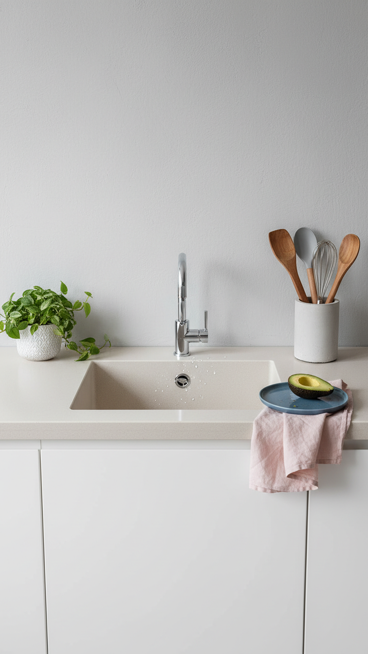 Sleek plant-based composite countertop with an undermount sink on minimalist white cabinets, high-end accessories. Eco-friendly kitchen.