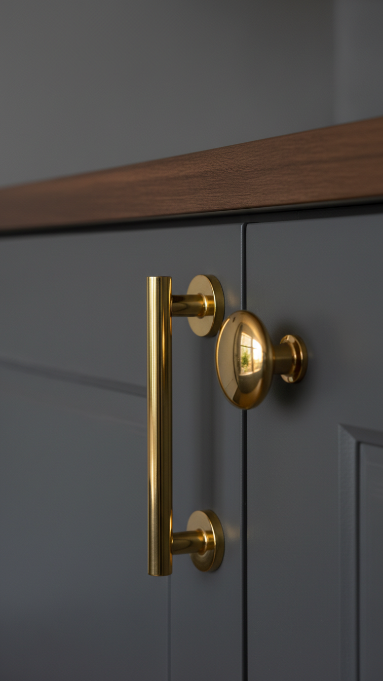 Sleek polished brass handle and knob on a deep charcoal kitchen cabinet, reflecting warm golden hour light.