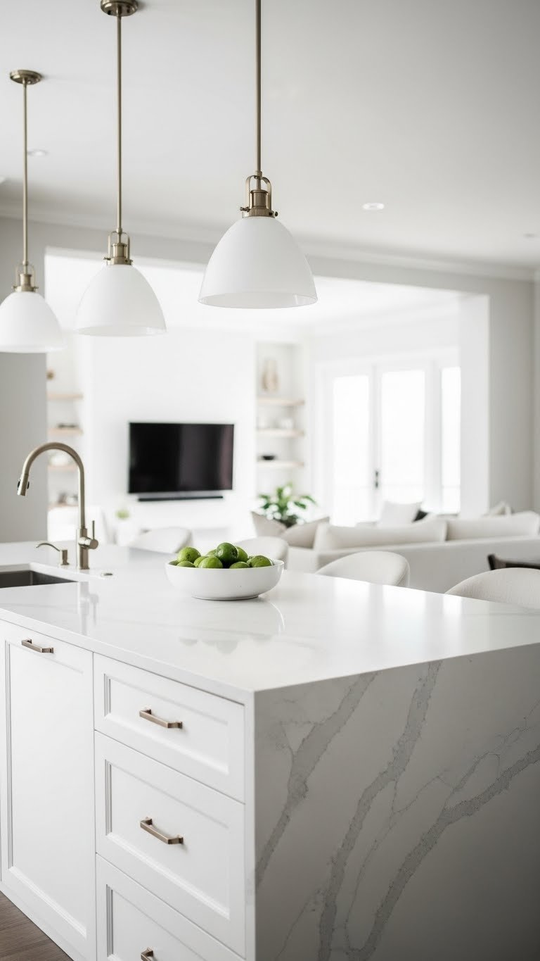 Sleek quartz kitchen island with storage, breakfast bar, links open kitchen to dining area. Modern white, gray, natural wood accents.