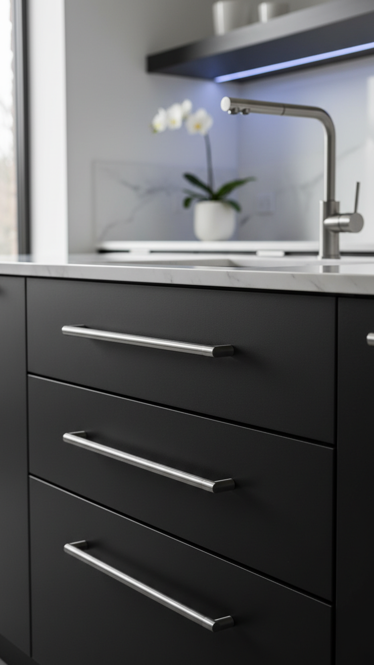 Sleek recycled stainless steel drawer pulls and minimalist faucet on matte black cabinetry in a modern kitchen. Sustainable hardware.