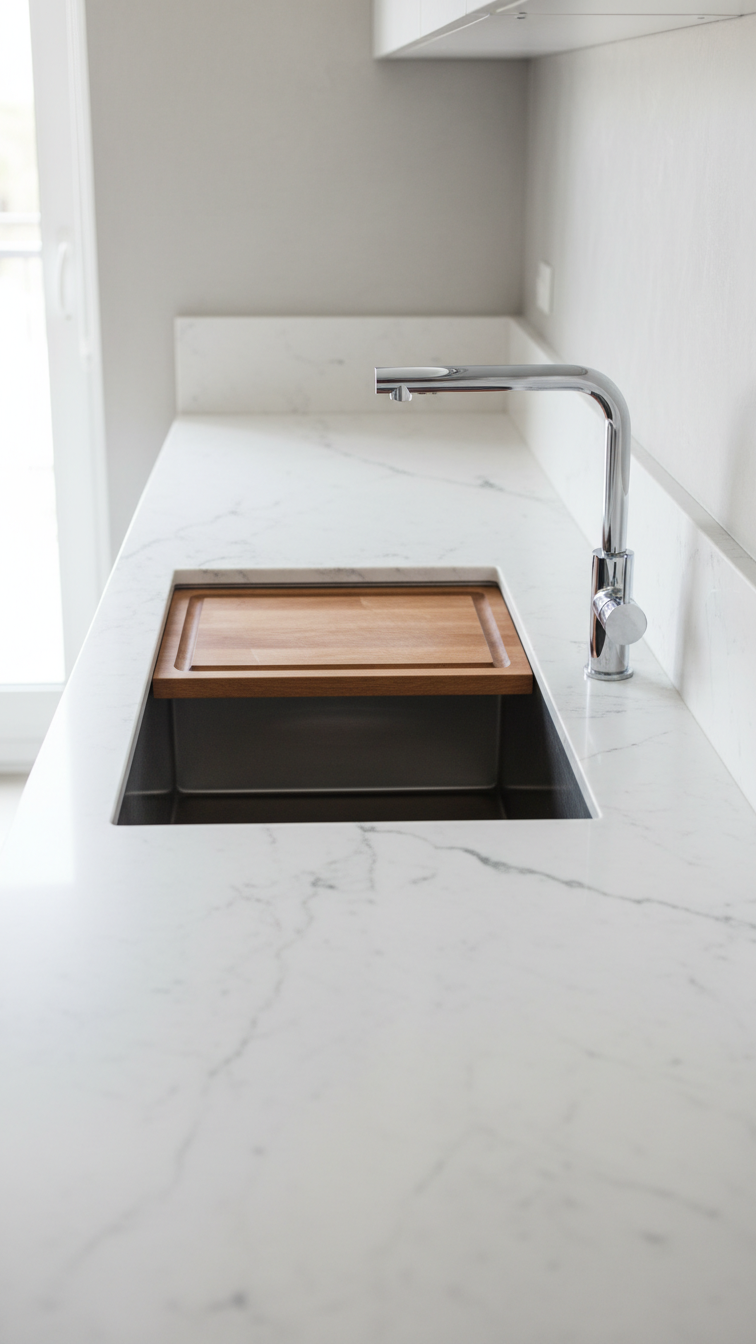 Sleek small kitchen features extra-deep undermount sink, integrated cutting board, modern faucet on white marble counter.
