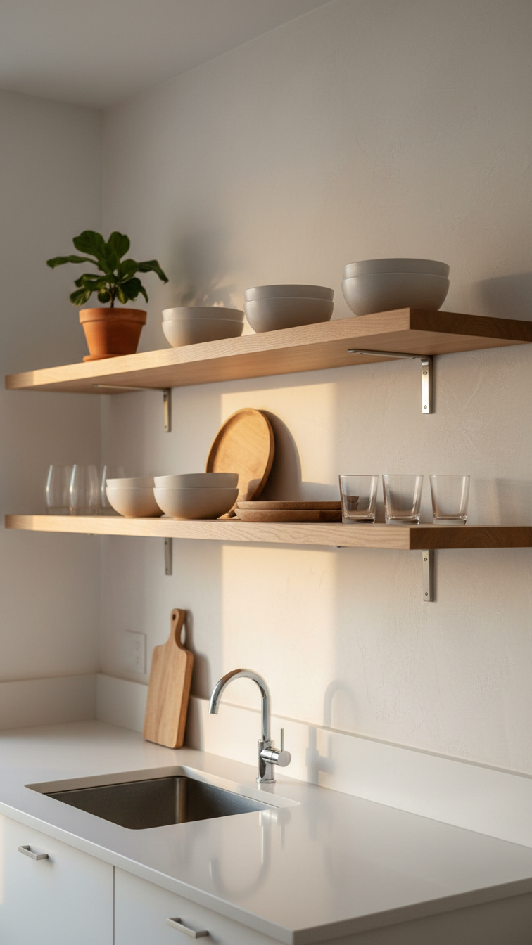 Sleek small kitchen with minimalist light wood floating shelves, styled with white ceramic bowls, enhancing open-plan aesthetic.