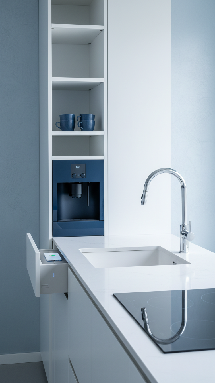 Sleek smart kitchen: integrated hidden charging, smart faucet, built-in coffee station, induction cooktop. Clean lines, bright design.