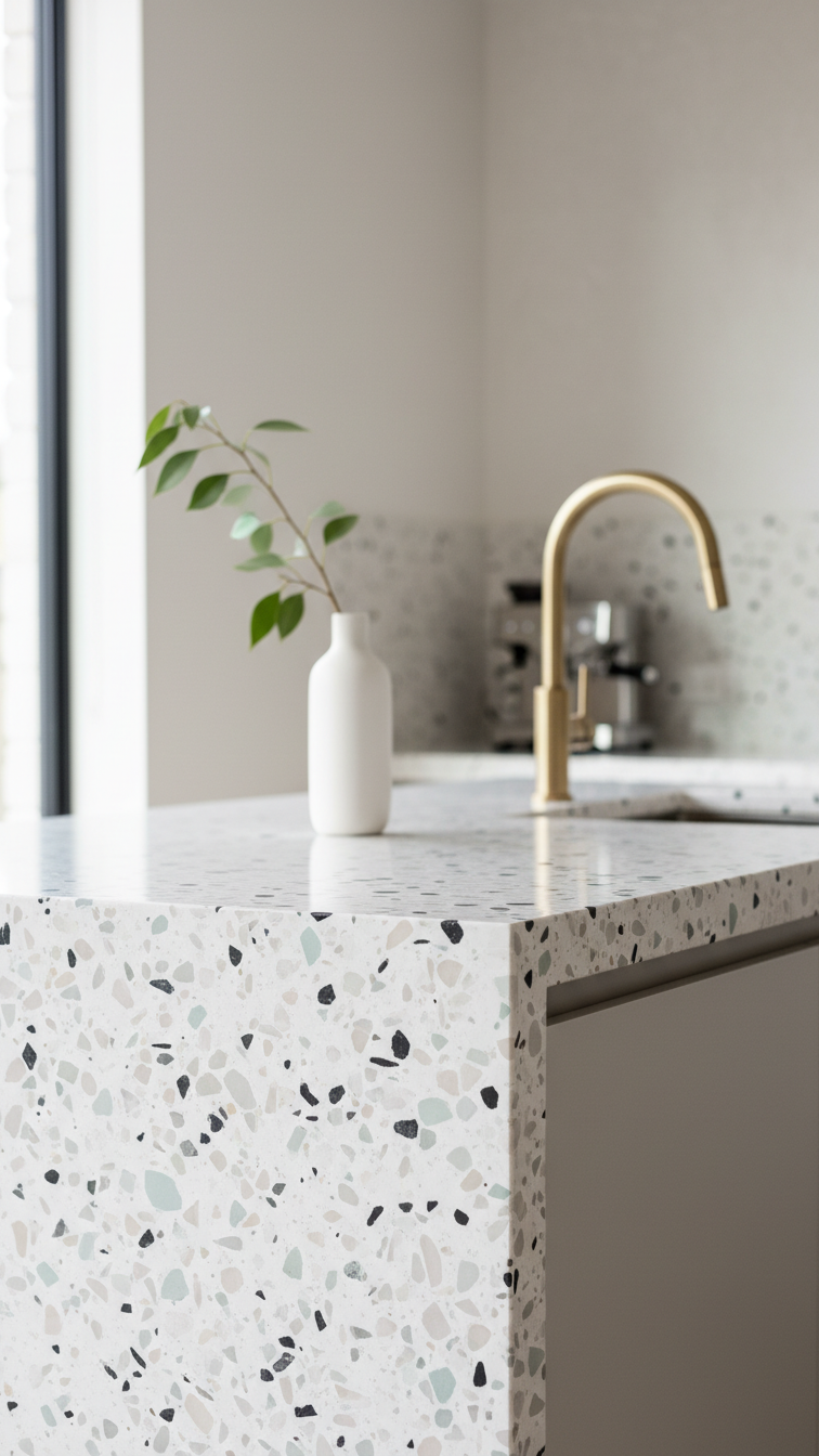 Sleek terrazzo kitchen countertop, elegant design, minimal clutter, modern brass fixtures, soft natural light, and ceramic vase.