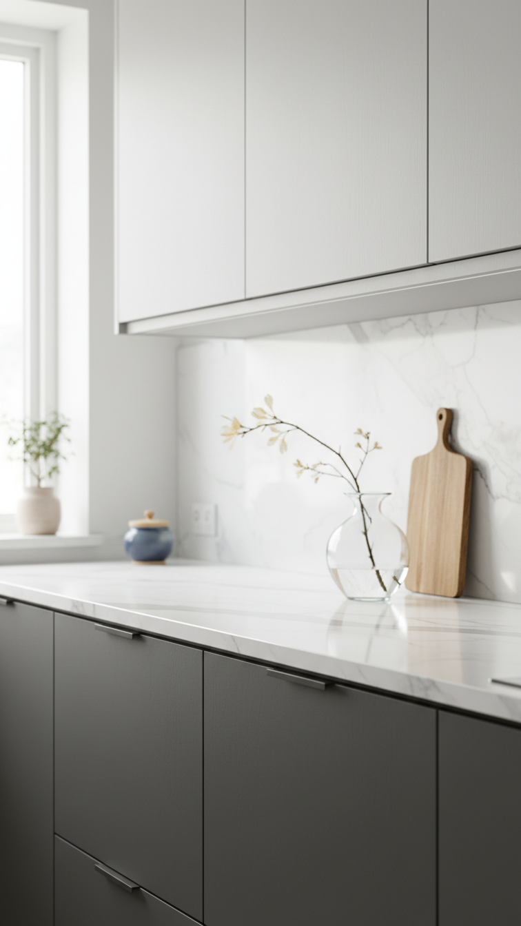 Sleek two-tone grey modern kitchen cabinets with light upper and dark lower slab doors, marble counter, minimalist hardware, and a glass vase.