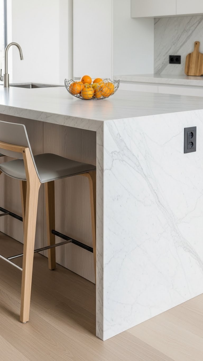 9 Island Design Ideas For Open Kitchen Living Room 3 Sleek waterfall edge kitchen island with pale marble countertop seamlessly flowing to the floor in a minimalist modern kitchen.