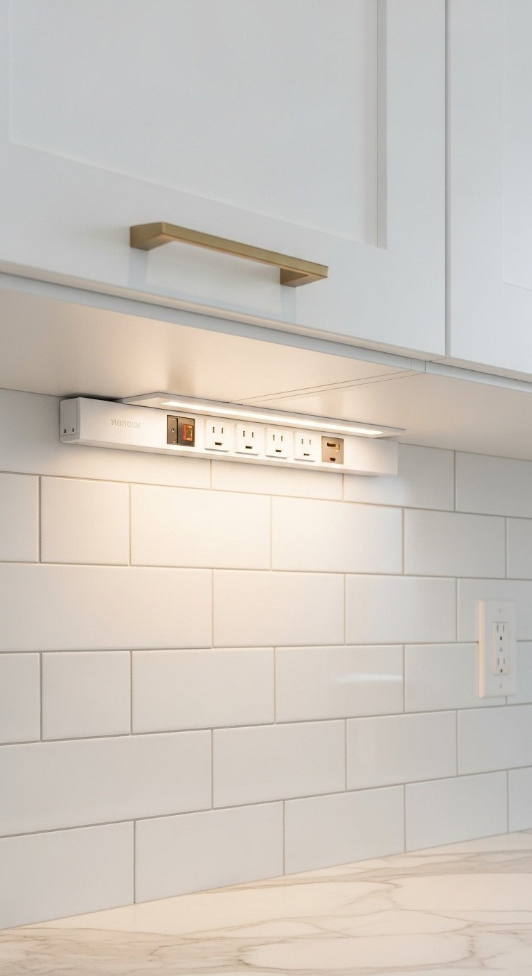 11 Genius Ways To Hide Kitchen Outlets With Flawless Decor 5 Sleek white under cabinet power strip with integrated LED lighting illuminates a marble kitchen countertop, modern design.
