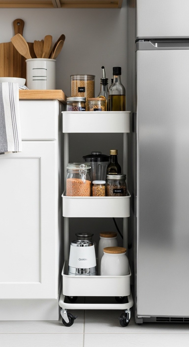 Slim rolling utility cart in a small kitchen, providing vertical overflow storage for lentils, oils, and a small blender.