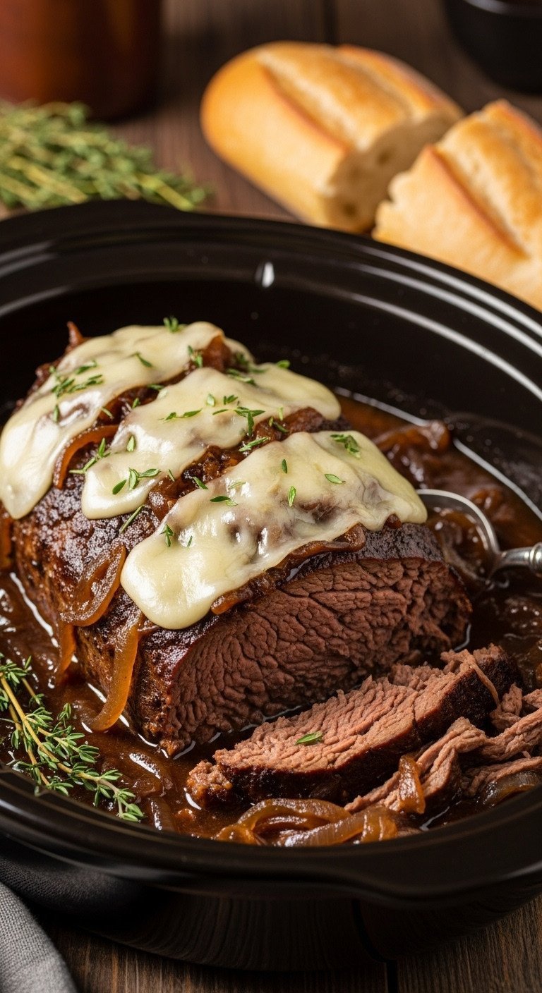 9 Cozy Fall Dinner Ideas Mastered With Sheet Pan And Slow Cooker 11 Slow cooker French onion pot roast with melting cheese, caramelized onion gravy in ceramic dish. Garnished with thyme, baguette.