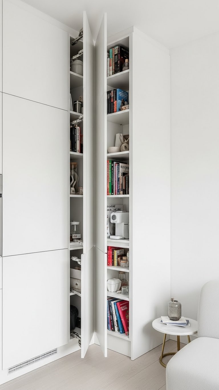 Small L-shaped open concept kitchen and living with tall floor-to-ceiling cabinets for vertical storage. Efficient modern design.