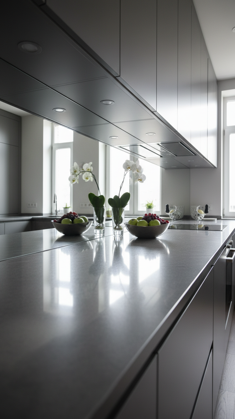 Small U-shaped kitchen with mirrored backsplash and high-gloss finishes to visually expand space, featuring dark gray cabinets.