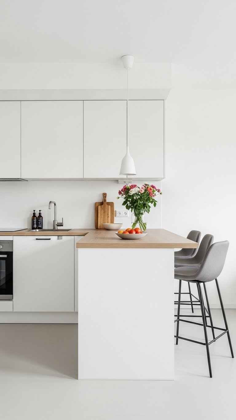 Small combined kitchen and living room with L-shaped peninsula divider and seating, ideal for narrow spaces, modern design.