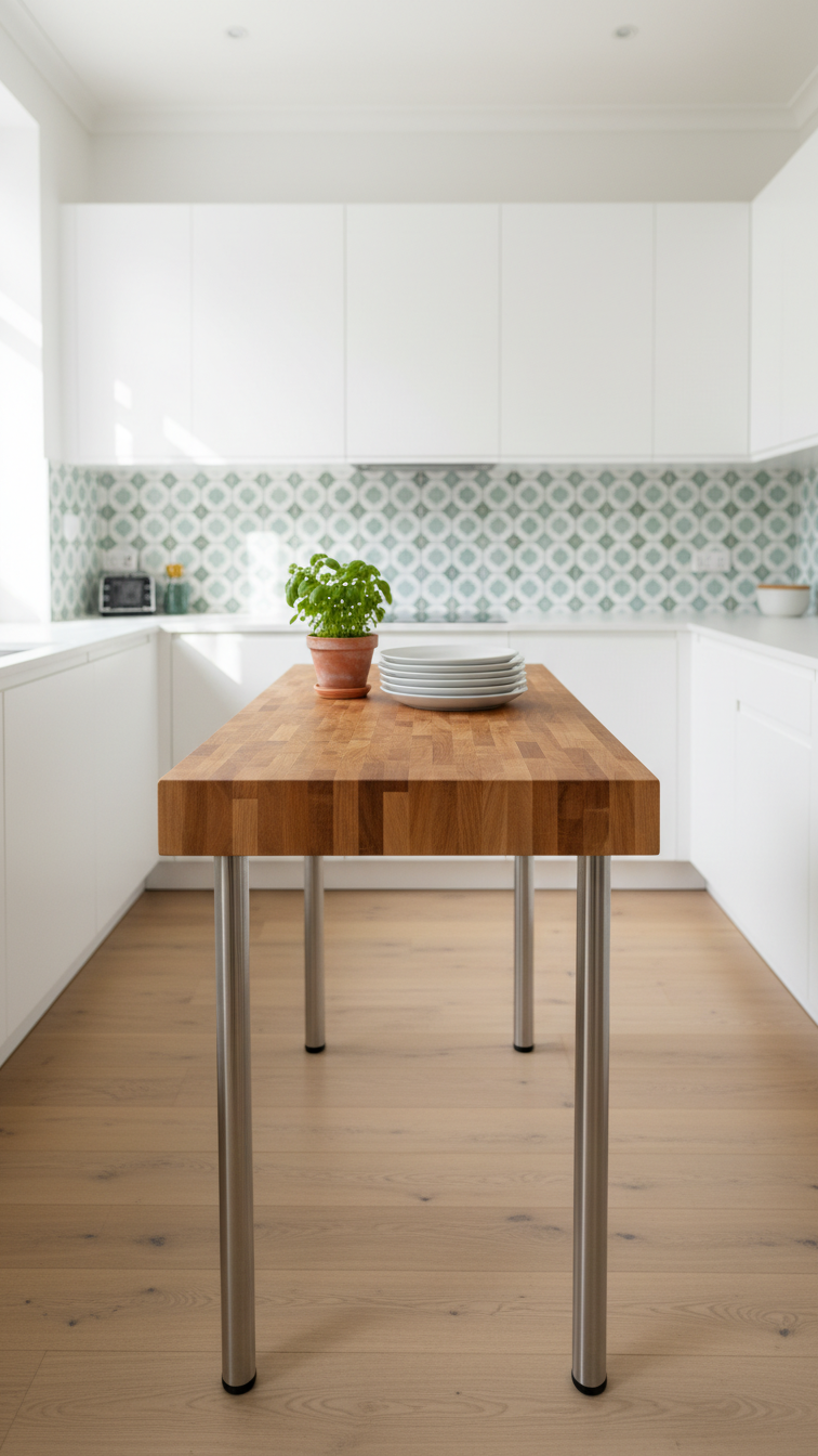 Small, compact modern kitchen island with narrow butcher block top and sleek metal legs in a clean galley kitchen space.