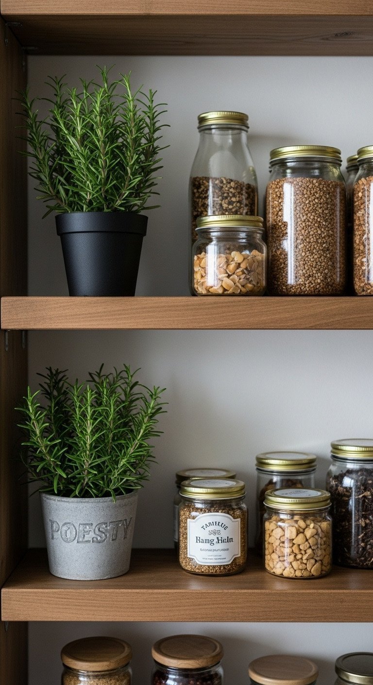 Small decorative potted rosemary on an open shelving unit in an earthy kitchen.