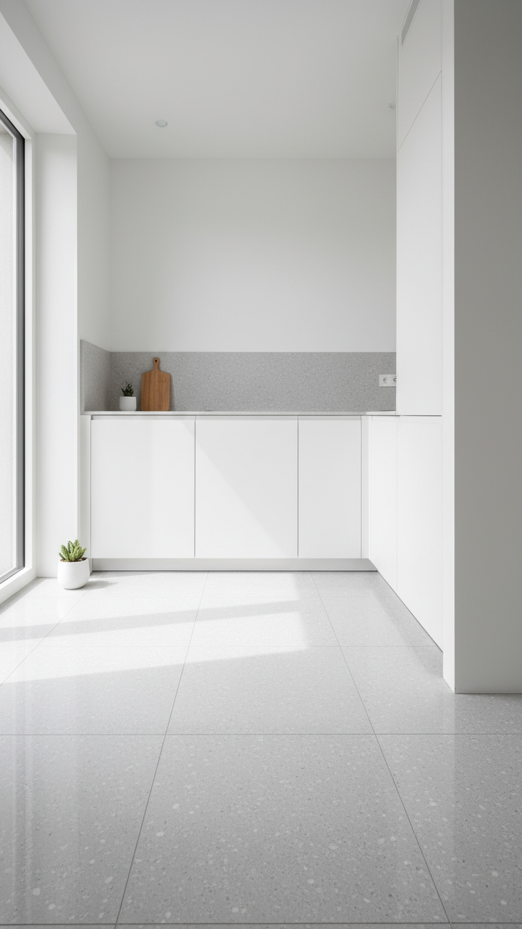 Small minimalist modern kitchen with light pale gray terrazzo floor, subtle aggregate, sleek white cabinets, bright natural light.