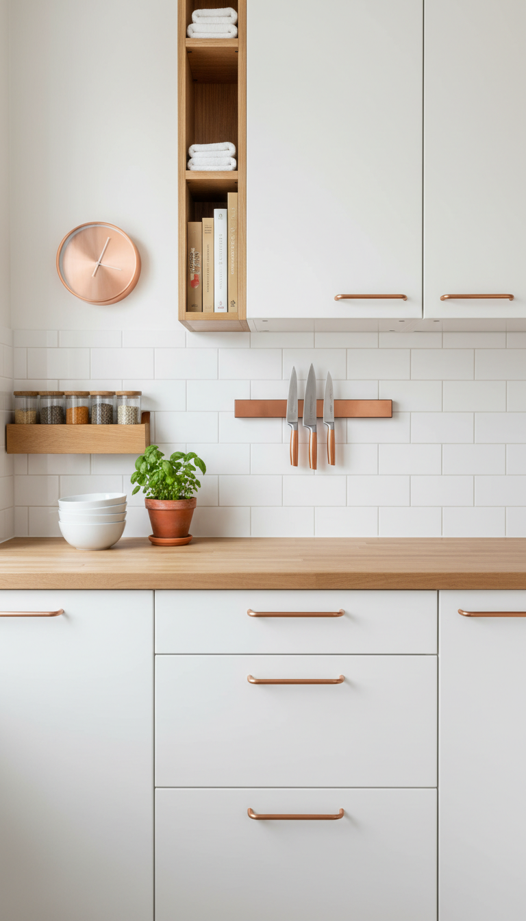 Small modern kitchen design with sleek copper cabinet hardware and a functional copper accent, optimizing limited space.