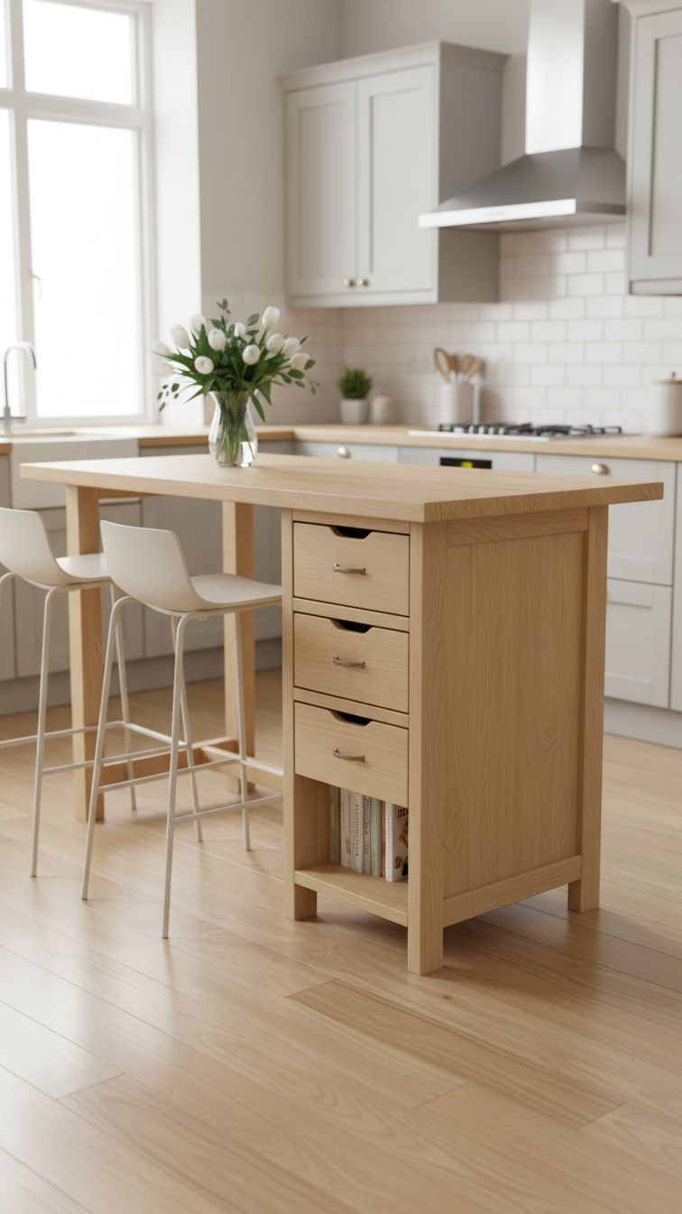 Small modern kitchen with narrow portable island, built-in storage, and seating for two, enhancing compact area versatility.