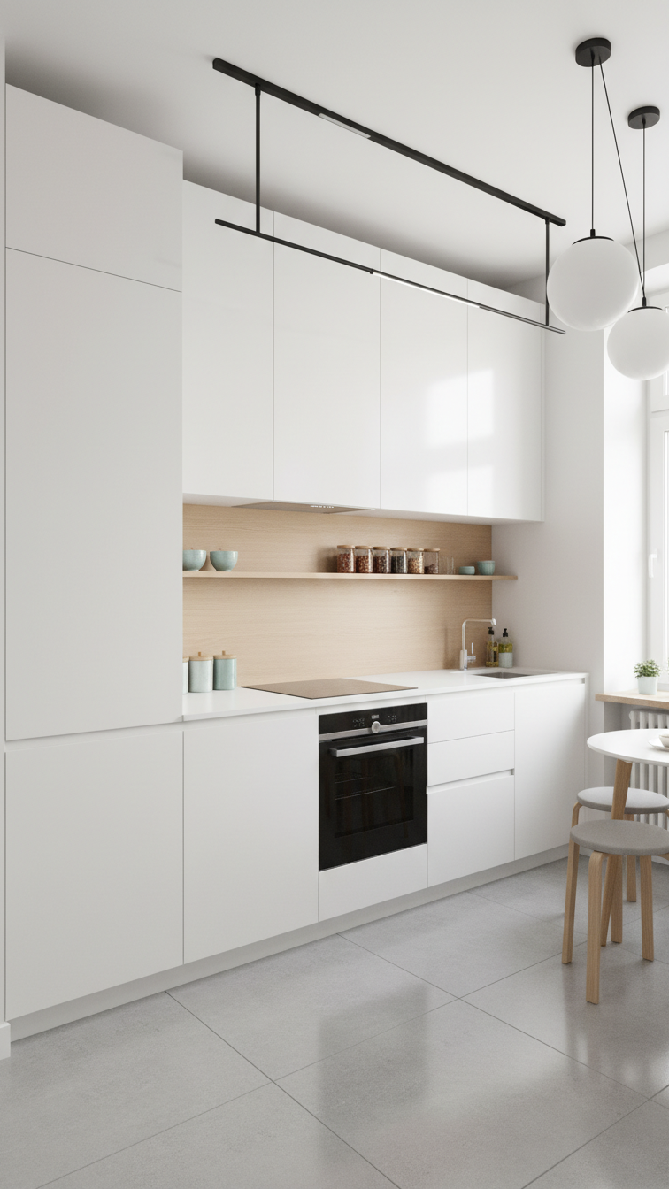 Small modern minimalist apartment kitchen with high vertical storage and light colors, streamlined compact design, deceptively spacious layout.