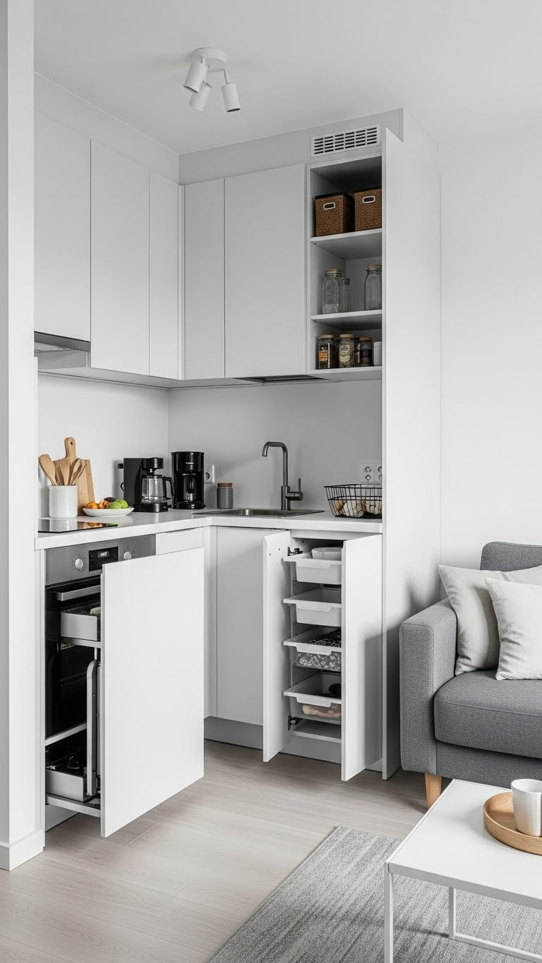 Small open concept kitchen living room. Floor-to-ceiling cabinetry, hidden appliances, multi-functional furniture. Whites, light grays, natural wood. Organized.