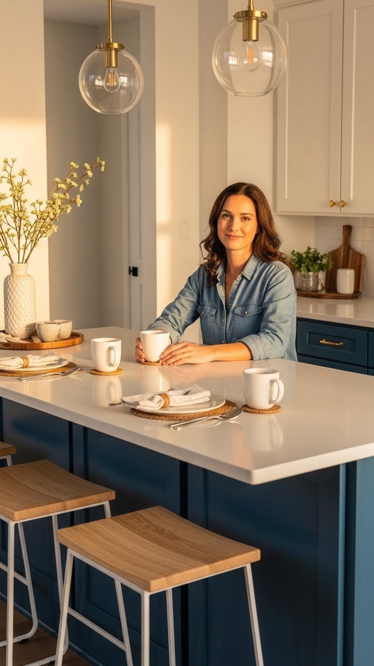 Small open concept kitchen with integrated island breakfast bar seating, showing coffee mugs for efficient dining functionality.