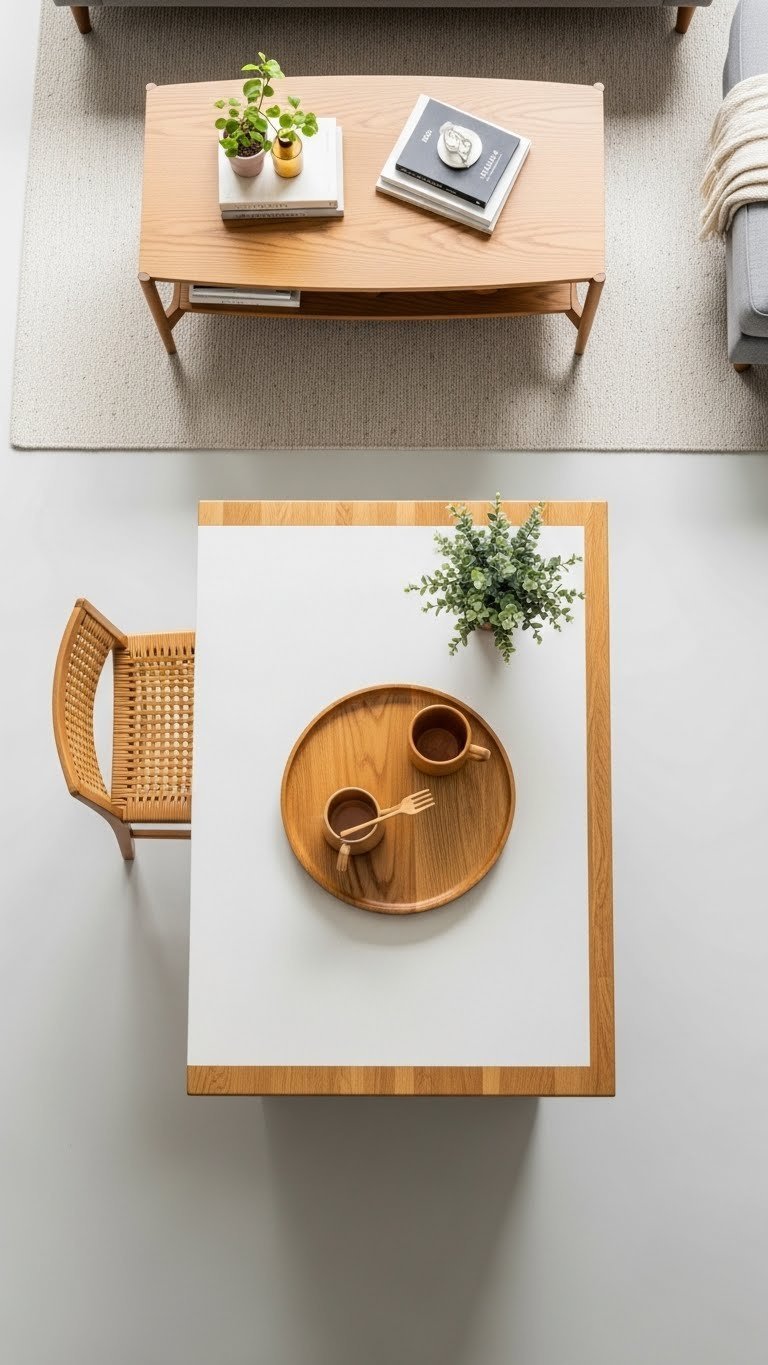 Small open kitchen island and living room with cohesive design, matching wood tones and color palette, creating integrated functionality.