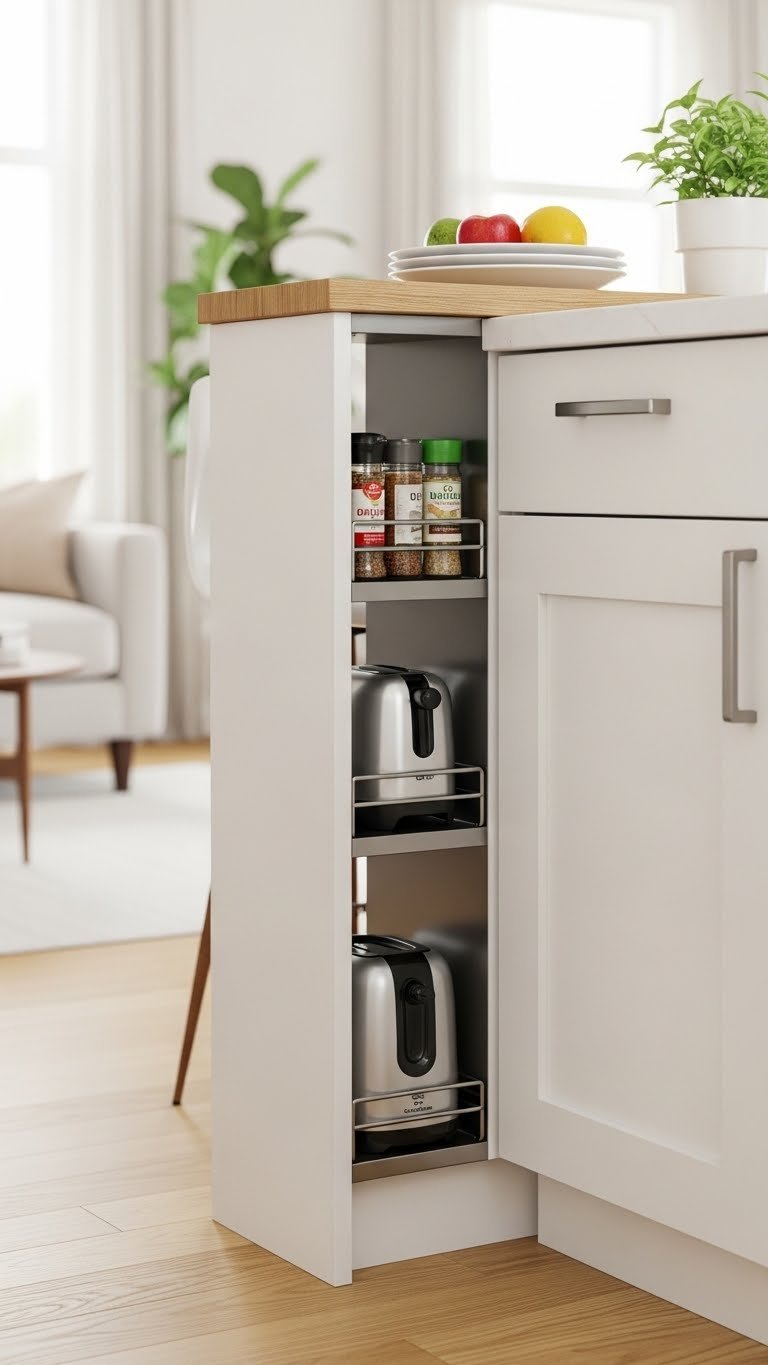 Small open kitchen island with integrated vertical storage tower for spices and appliances, showcasing smart organization solution.