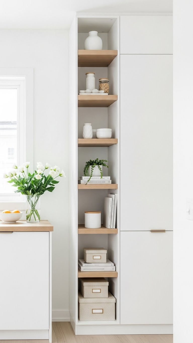 Small open living room with floor-to-ceiling built-in shelving, showcasing clever vertical storage and minimalist decor. Light wood tones.