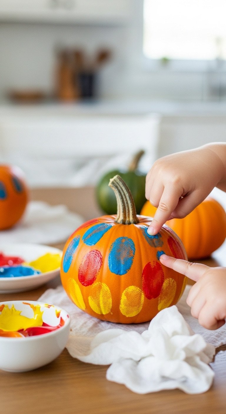 Small orange pumpkin with colorful child's fingerprint art, family craft project on a wooden table, cozy fall decor.