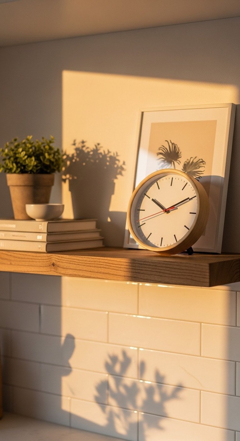 Small wood-framed clock styled on a rustic floating shelf with a plant and cookbooks against a white tiled kitchen wall.