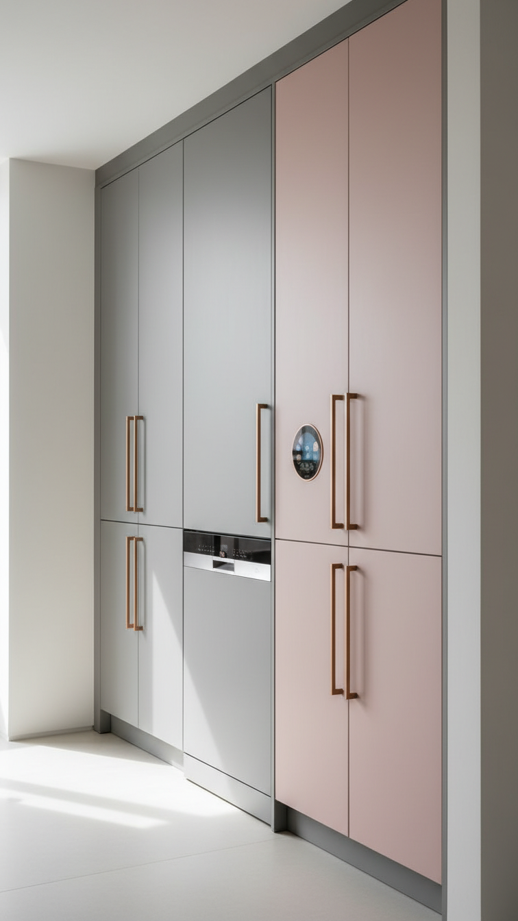 Smart Indian kitchen: seamlessly integrated dishwasher and smart refrigerator with matching cabinet panels. Clean lines, hidden tech automation.