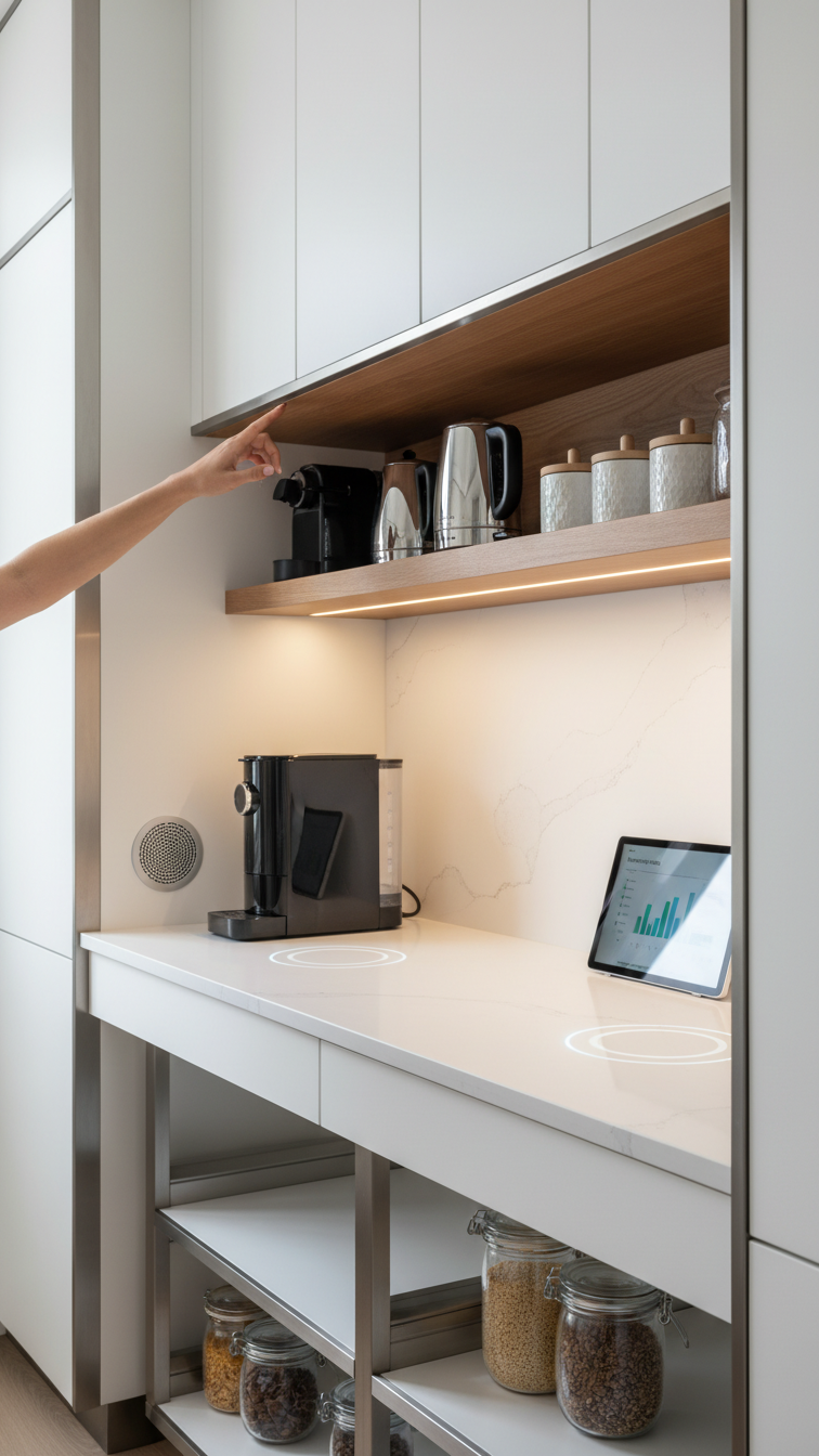 Smart modern butler's pantry with ergonomic design, wireless charging, touch lighting, and integrated tech for efficient kitchen use.