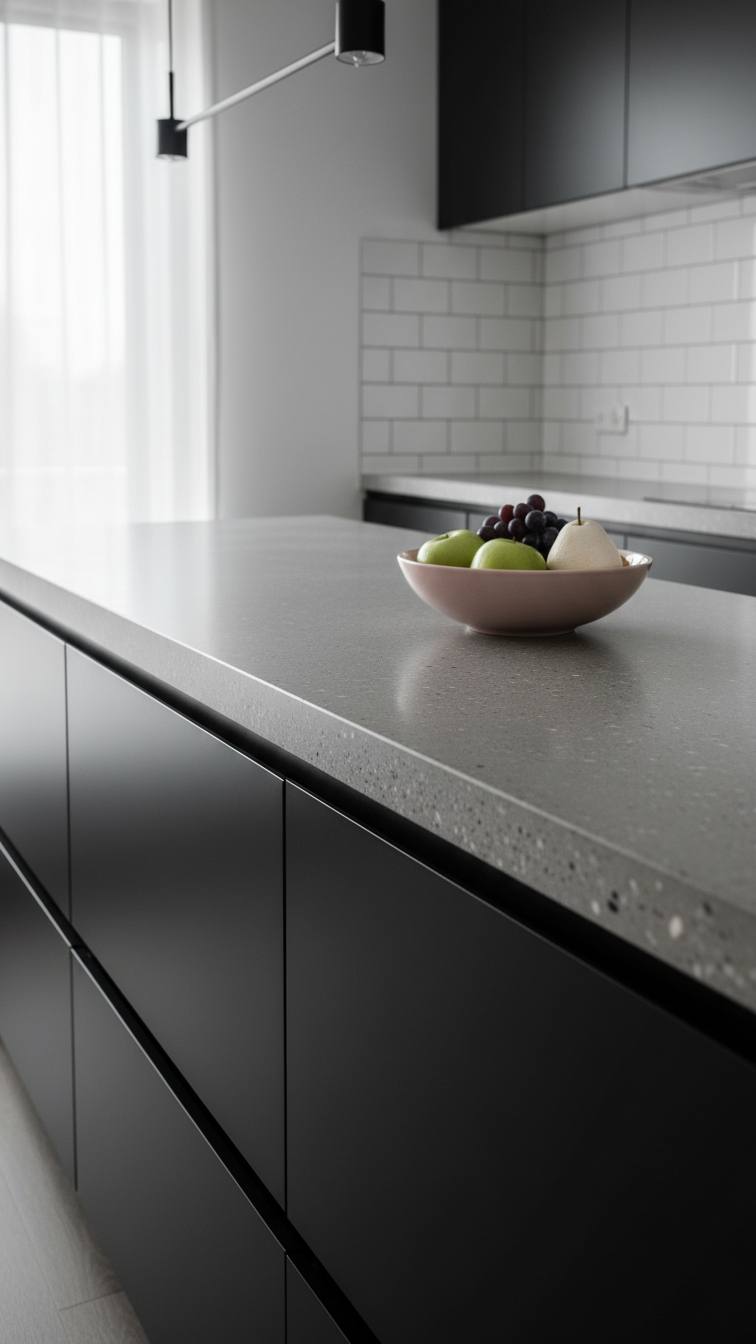 Smooth gray recycled concrete countertop with visible aggregates over dark cabinets in an industrial-modern kitchen. Sustainable design.