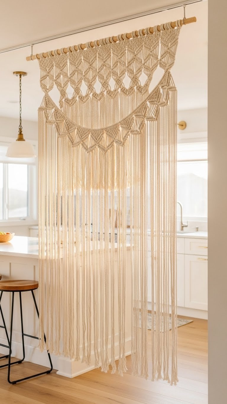 Soft macrame curtain hanging floor-to-ceiling, creating a boho-style partition between kitchen and living room, warm golden light.