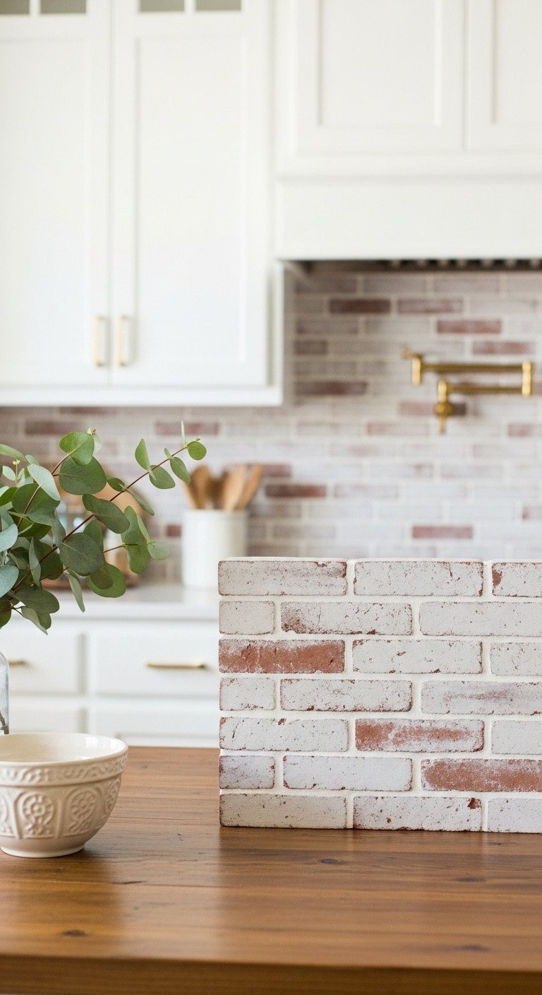11 Brick Backsplash Ideas And The Essential Sealing Guide 1 Softly whitewashed thin brick backsplash with rustic texture in a bright farmhouse kitchen, featuring white shaker cabinets and a ceramic bowl.