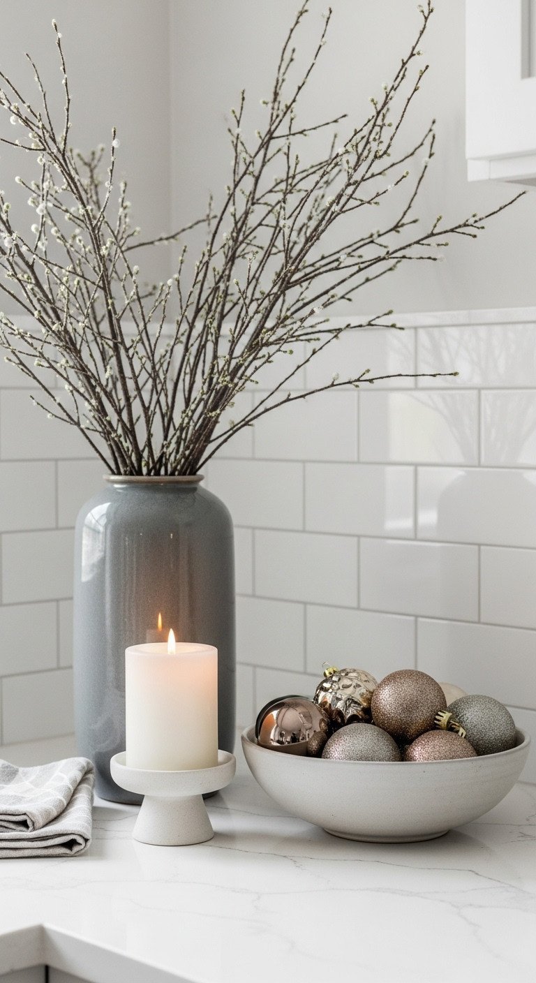 Sophisticated Christmas countertop vignette with winter branches, elegant candle, and metallic gold ornaments on white quartz.