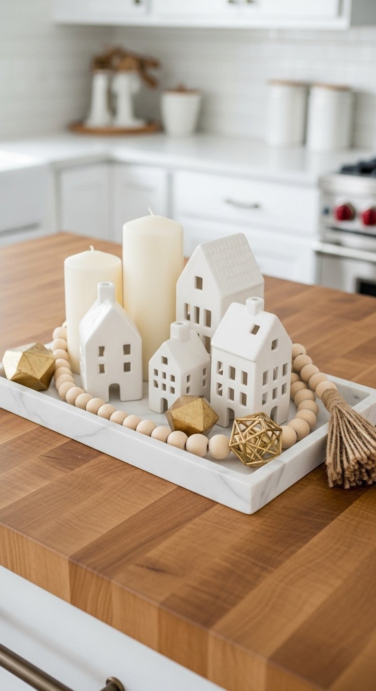 Sophisticated Neutral Christmas decor on a white marble tray with ceramic houses, ivory candles, and wooden beads.