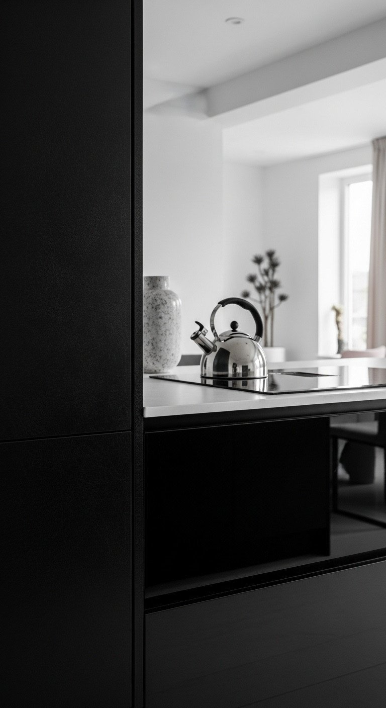 Sophisticated black kitchen showcasing matte black cabinet door and high-gloss black countertop, with a silver kettle and stone vase.