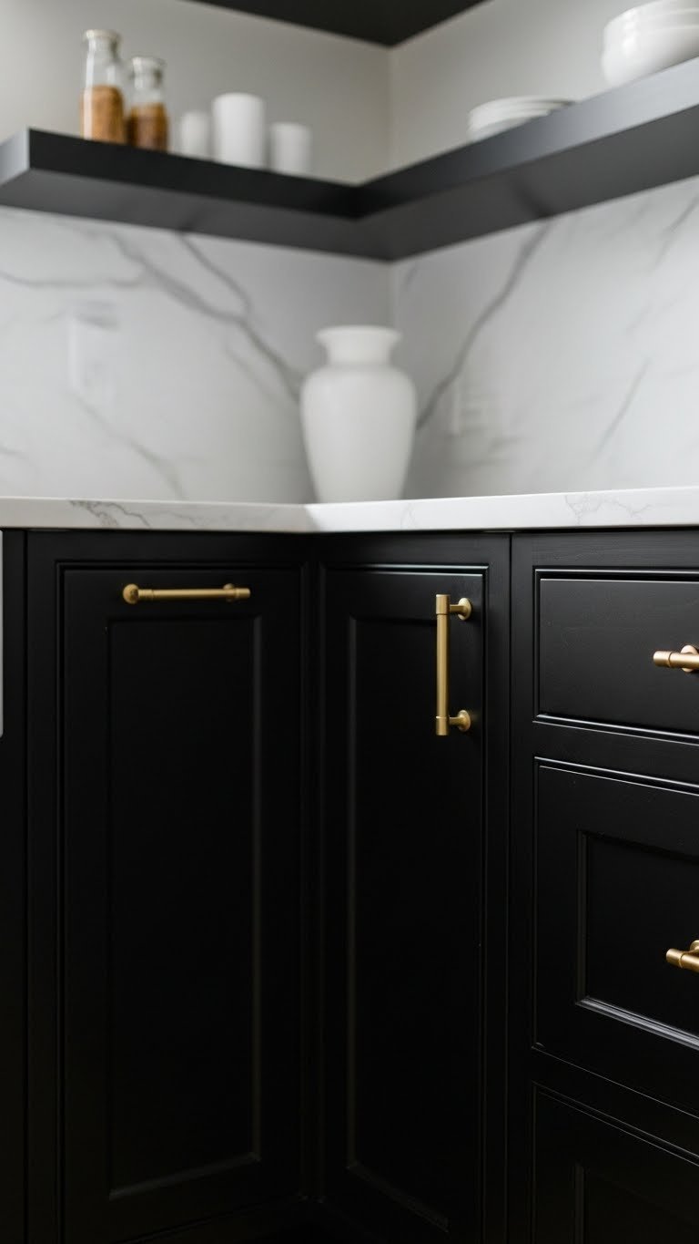 Sophisticated black matte kitchen cabinets, sleek brass hardware, and white marble countertop in a contemporary kitchen design.