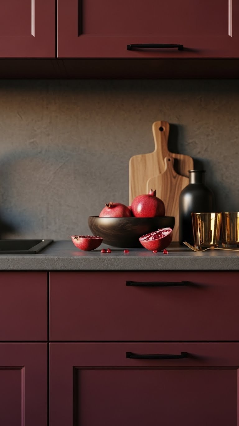 Sophisticated burgundy kitchen with deep red cabinets, matte black hardware, dark gray stone countertop. Cozy, inviting design.