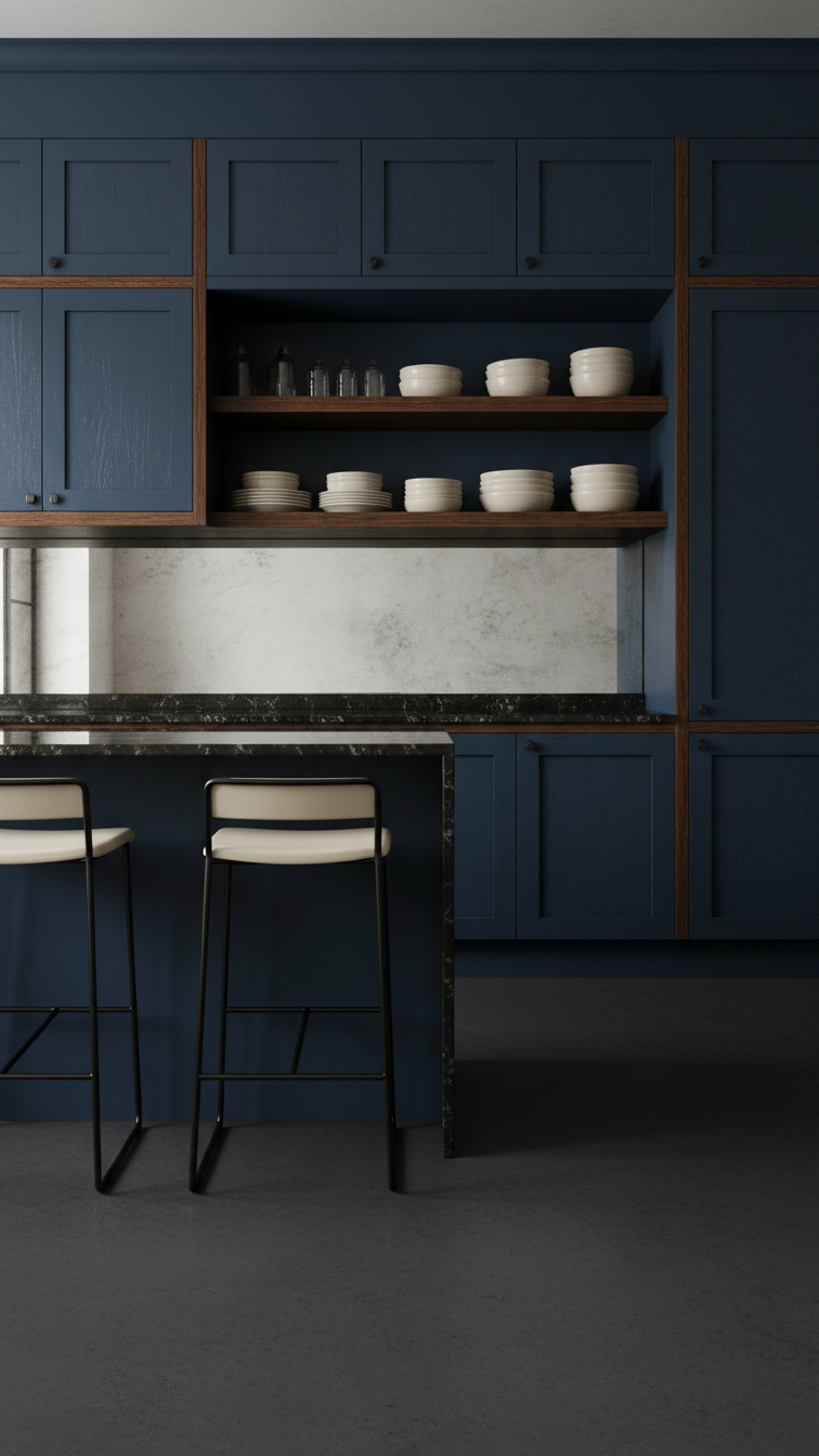 Sophisticated dark kitchen with a large window reflecting natural light, contrasting with deep cabinetry and polished stools.