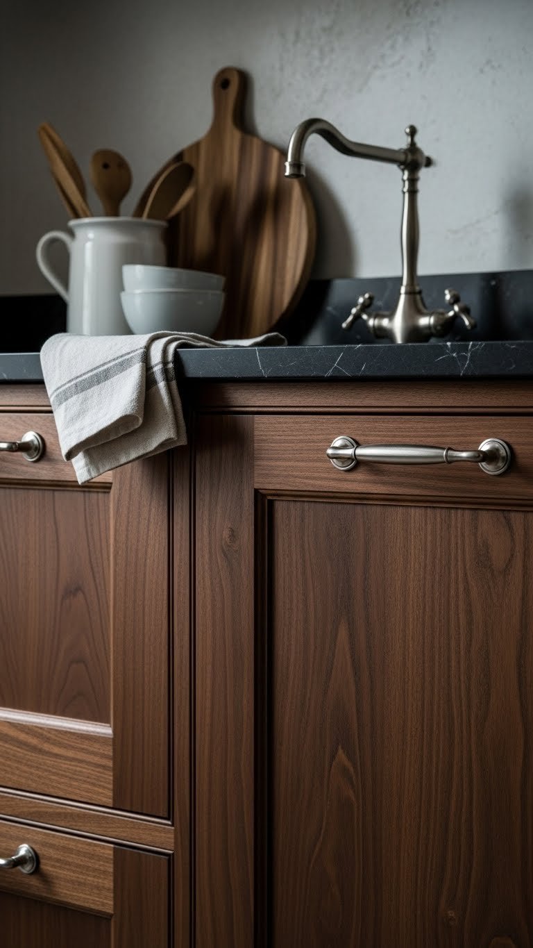 Sophisticated dark stained wood kitchen cabinets with deep grain, dark stone countertop, and antique silver handles.