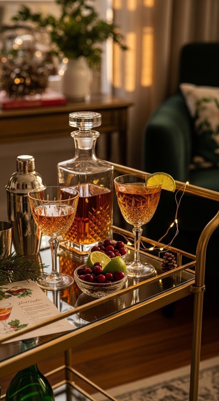 Sophisticated gold Christmas bar cart cocktail station with elegant glassware, decanter, lime/cranberry garnish, and LED lights.