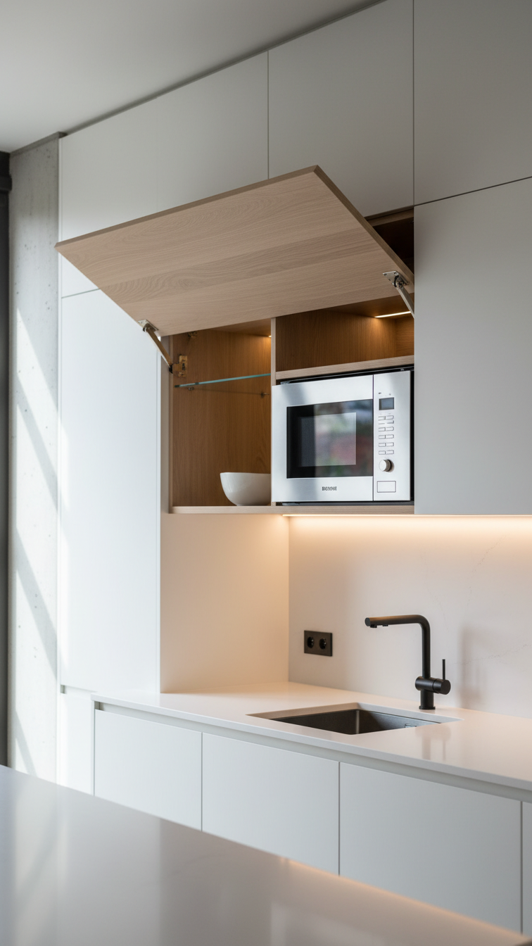 Sophisticated hidden kitchen: motorized upper cabinet open, revealing built-in microwave and internal shelf.