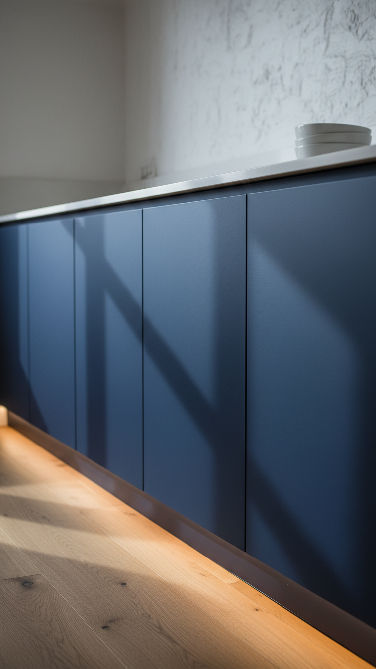Sophisticated hidden kitchen: sleek handleless dark matte base cabinets with push-to-open mechanism.