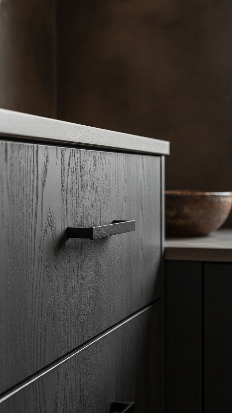 Sophisticated kitchen features charcoal gray rough-sawn Oak cabinets, rustic wood grain, concrete counter, matte black pulls.