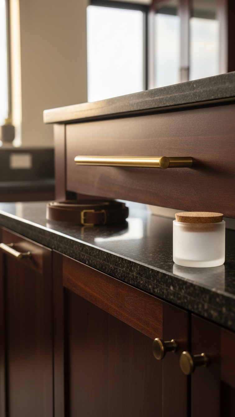 Sophisticated kitchen features dark brown wood cabinets, prominent brushed brass pull handles, dark granite countertop.